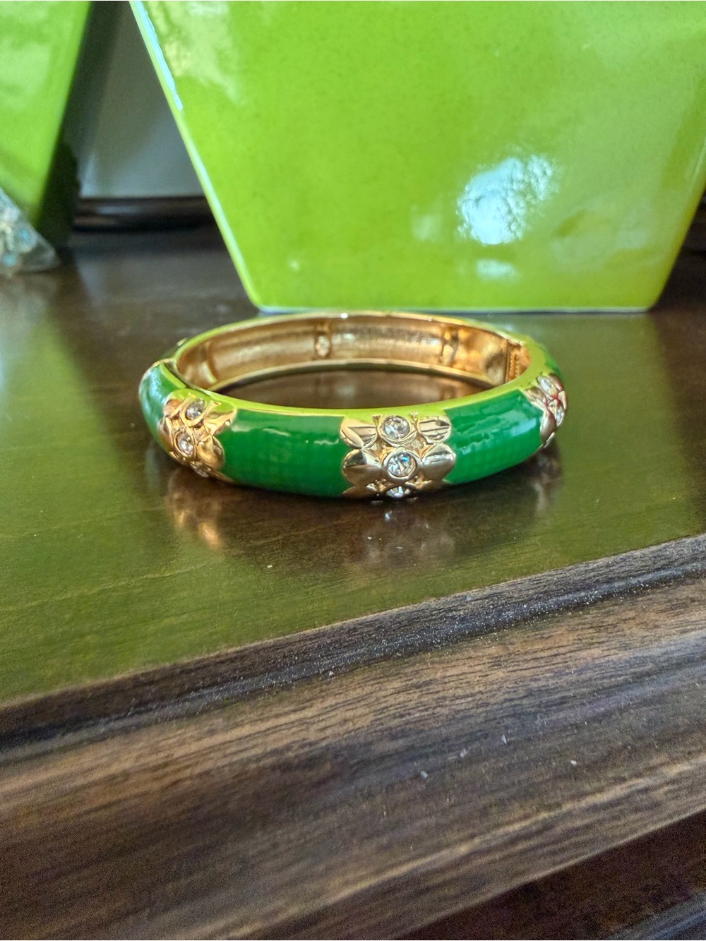Vintage Green Enamel Hinged Bangle Bracelet With Rhinestones